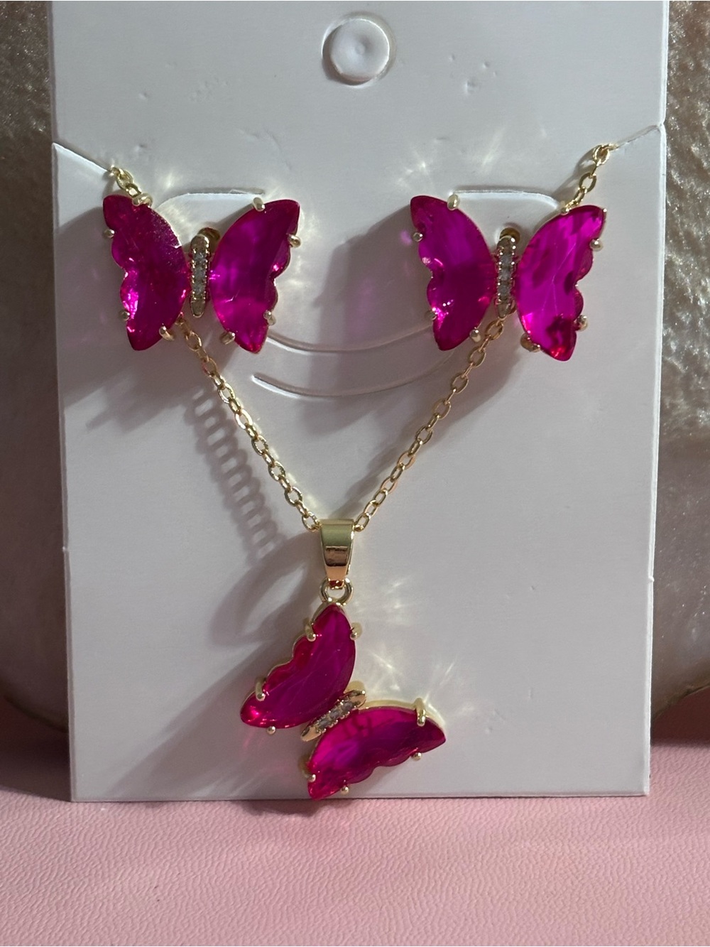 Pink Butterfly Necklace and Earring Set - Gold Tone